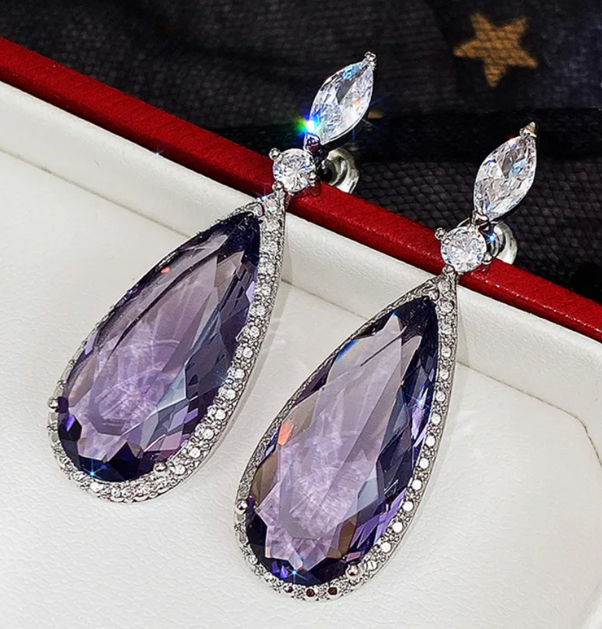 R7 Diamante Drop Large Earrings Purple 340