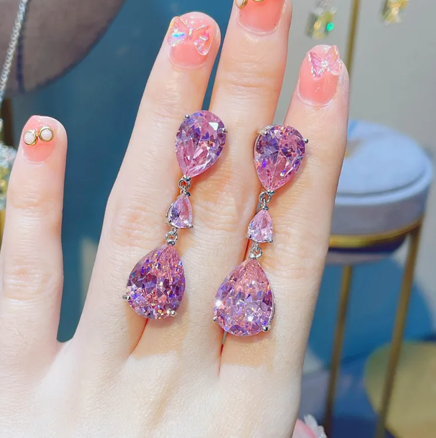 R7 Moissan Diamond Drop Earrings Pink 353