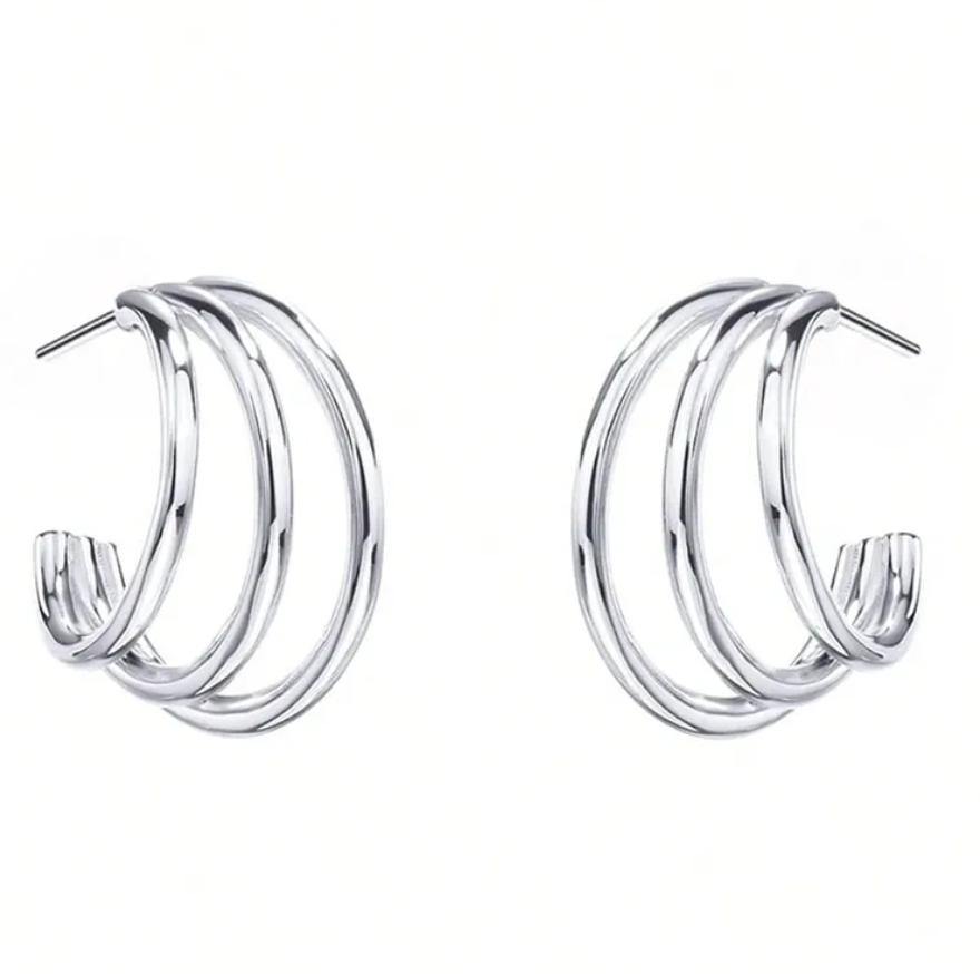 R7 Triple Mini Hoop Huggies Silver Earrings 373