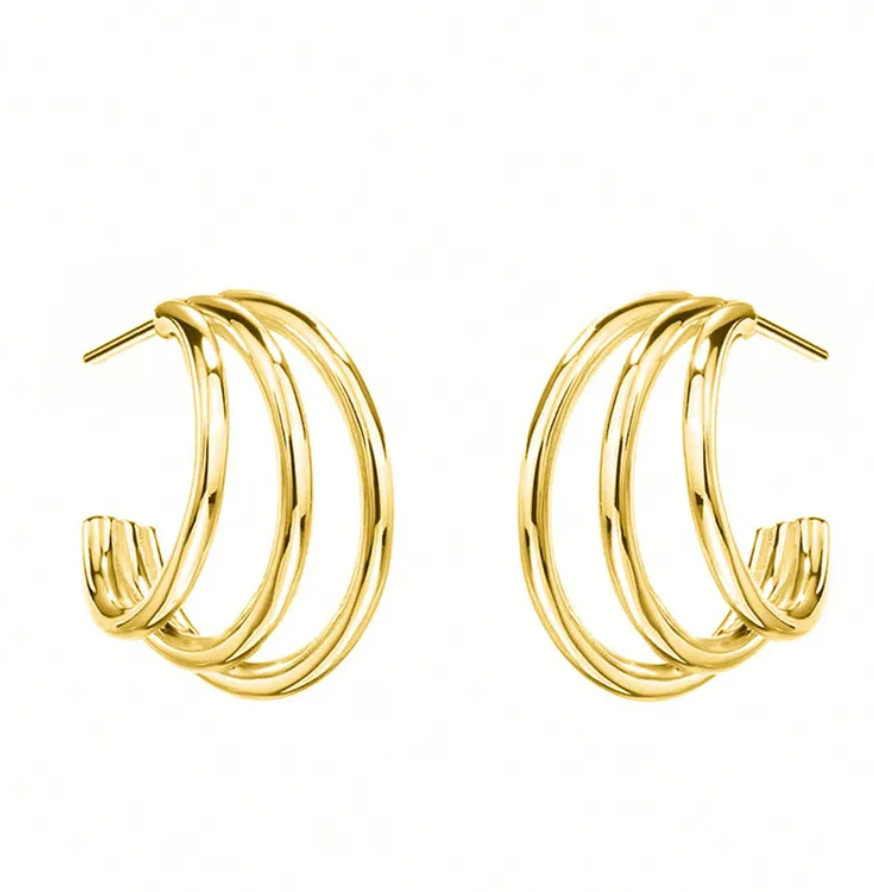 R7 Triple Mini Hoop Huggies Gold Earrings 374