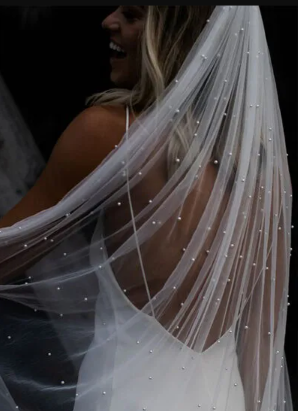 Pearl Cut Edge Single Tier Bridal Cathedral Length Wedding Veil in Ivory