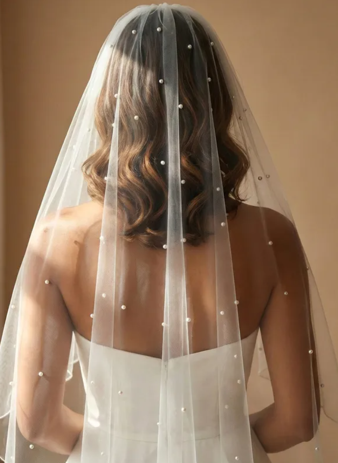 Pearl Pencil Edge Single Tier Bridal Fingertip Length Wedding Veil