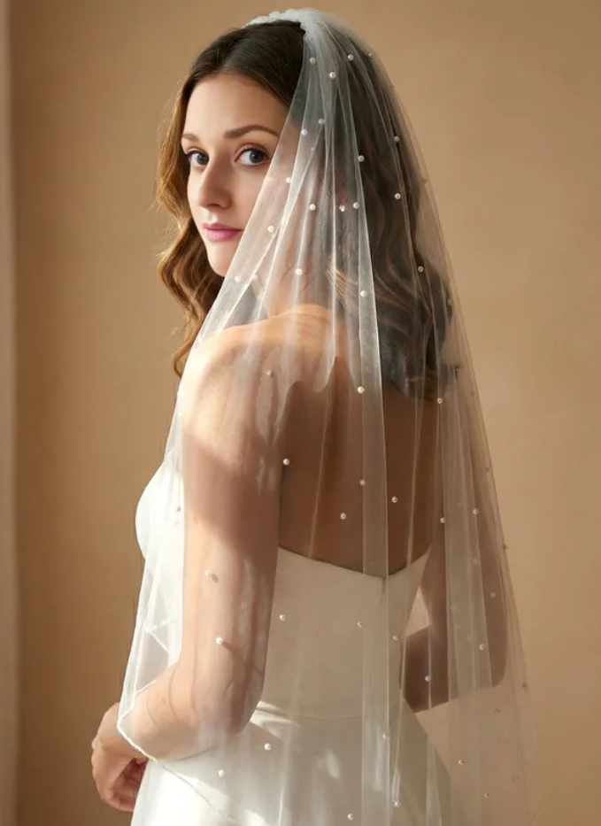 Pearl Pencil Edge Single Tier Bridal Fingertip Length Wedding Veil
