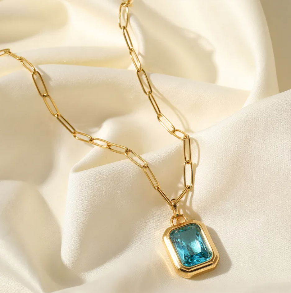 R7 Gold Necklace with Square Sky Blue Pendant 503