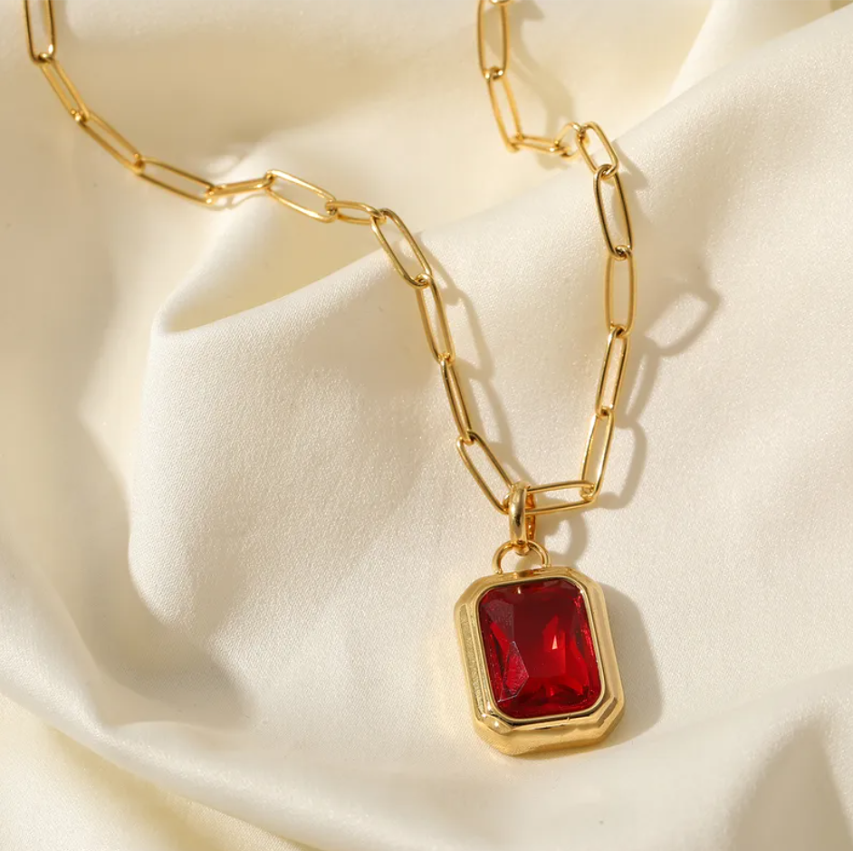 R7 Gold Necklace with Square Red Pendant 507
