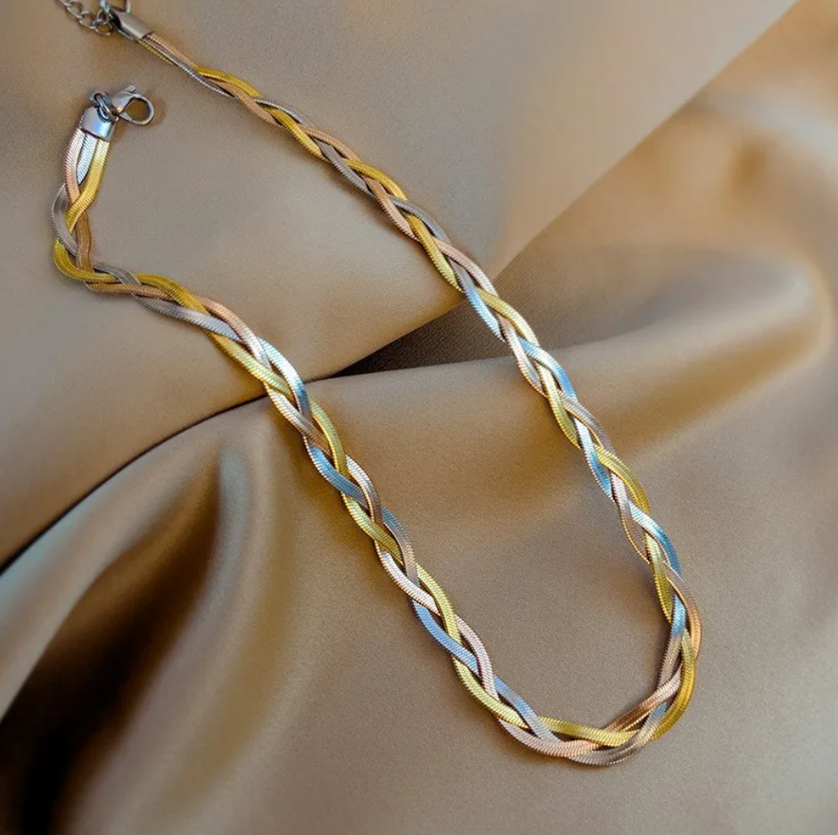 R7 Tri Colour Plaited Snake Chain Necklace 516