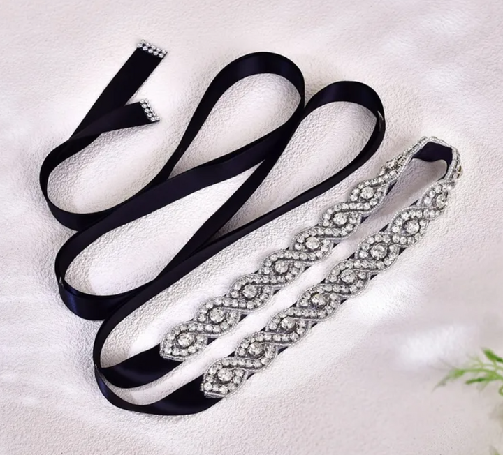 R7 Jewelled Belt Rose Gold on Ribbon Black 566