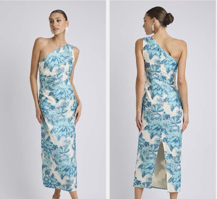 Romance Seanna One Shoulder Midi in Teal/Metallic