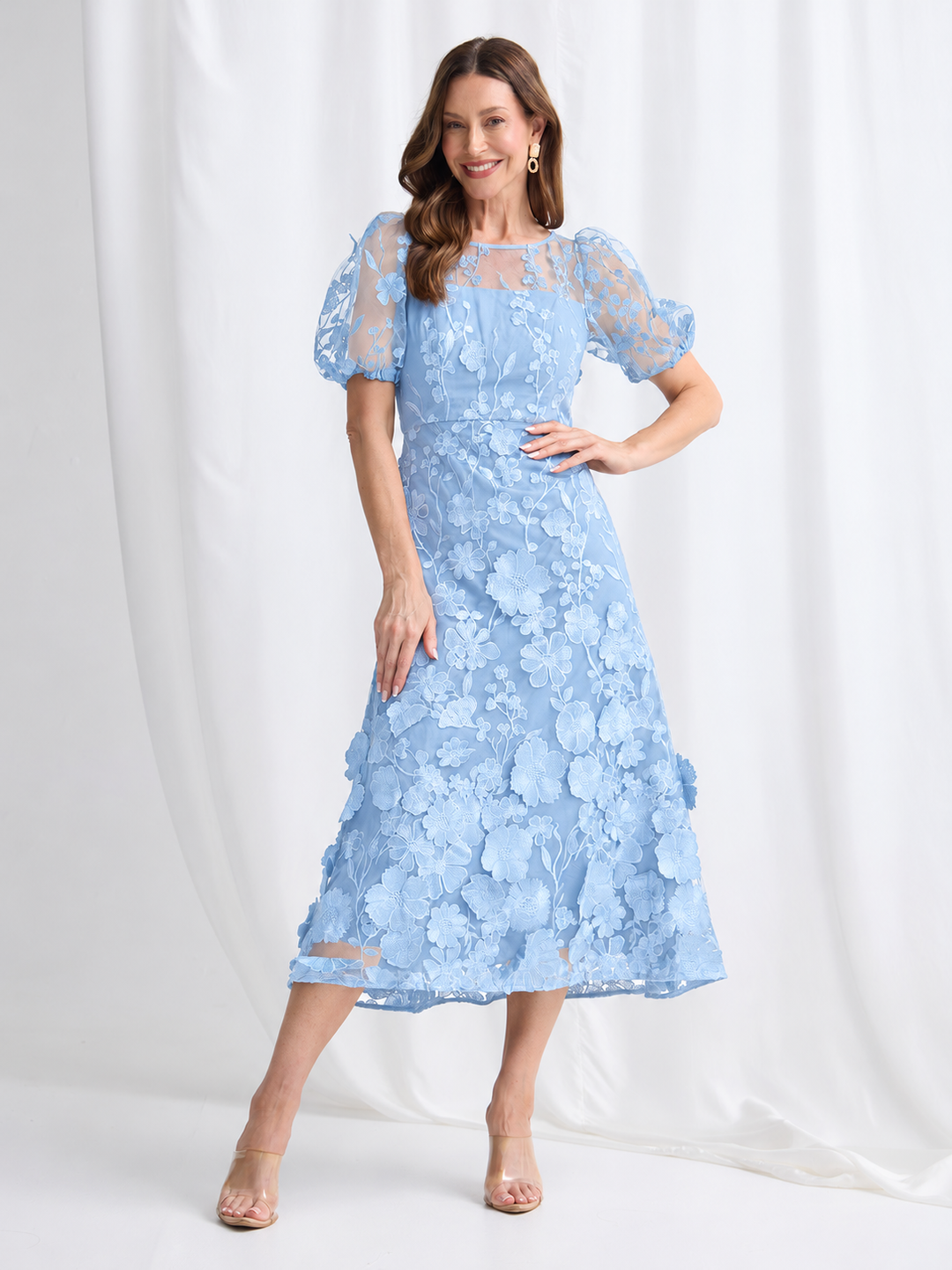 Trellis Lane Lizzie Puff Sleeve Midi Dress TL1183 (Available in Pink, Navy and Pale Blue)