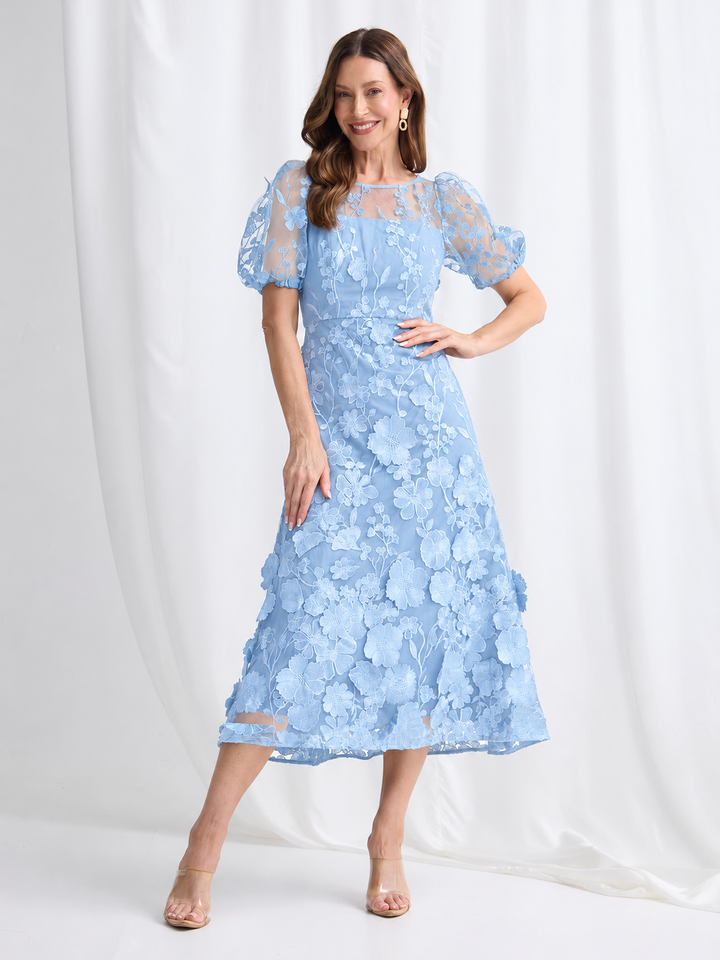 Trellis Lane Lizzie Puff Sleeve Midi Dress TL1183 (Available in Pink, Navy and Pale Blue)