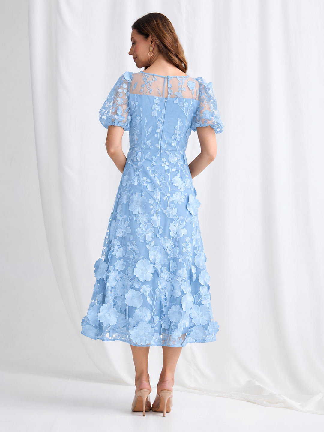 Trellis Lane Lizzie Puff Sleeve Midi Dress TL1183 (Available in Pink, Navy and Pale Blue)