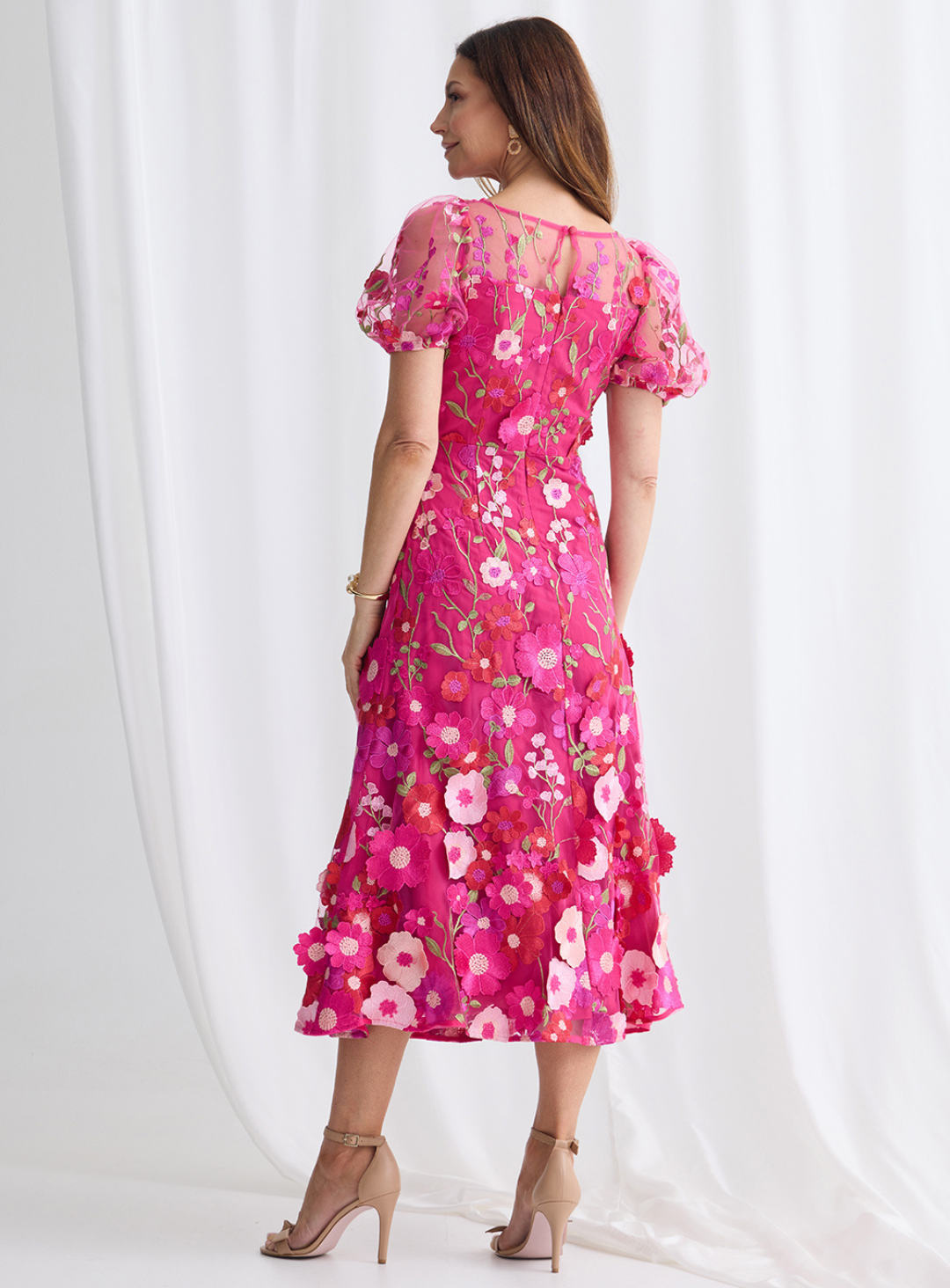 Trellis Lane Lizzie Puff Sleeve Midi Dress TL1183 (Available in Pink, Navy and Pale Blue)