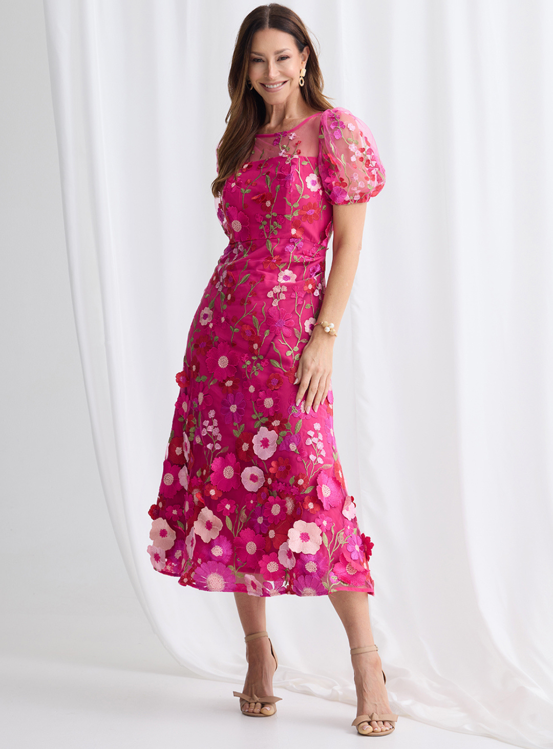 Trellis Lane Lizzie Puff Sleeve Midi Dress TL1183 (Available in Pink, Navy and Pale Blue)