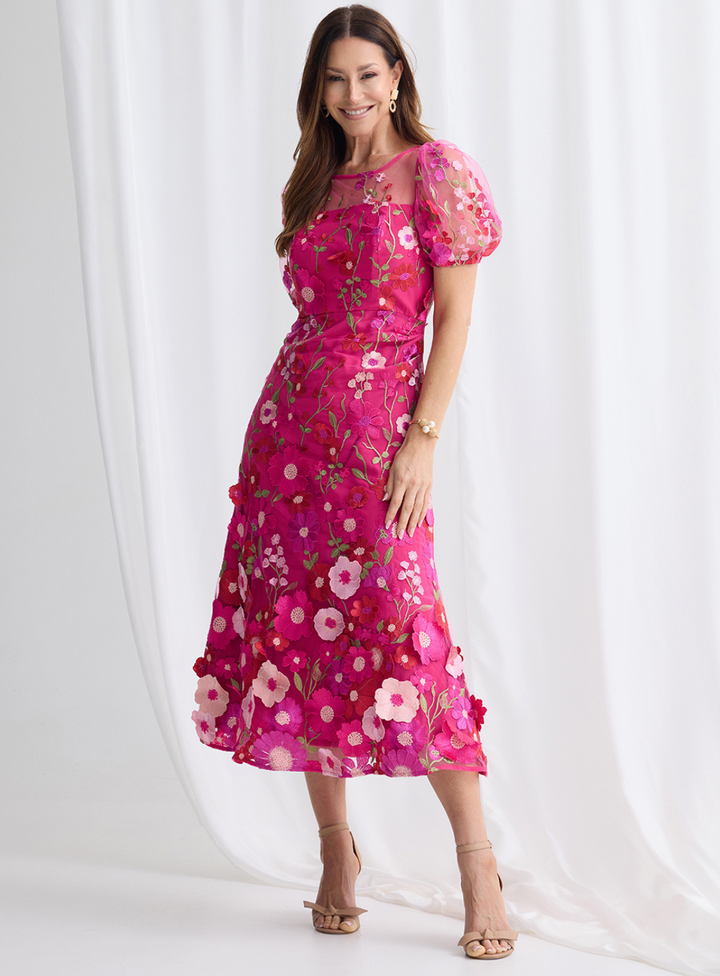 Trellis Lane Lizzie Puff Sleeve Midi Dress TL1183 (Available in Pink, Navy and Pale Blue)