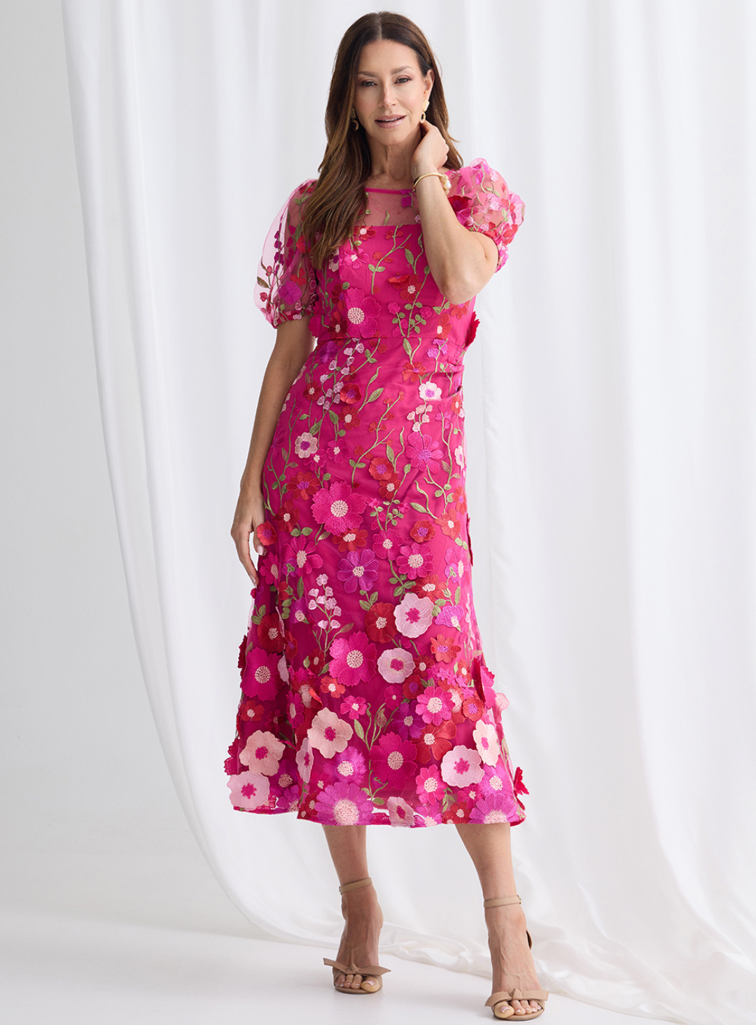 Trellis Lane Lizzie Puff Sleeve Midi Dress TL1183 (Available in Pink, Navy and Pale Blue)