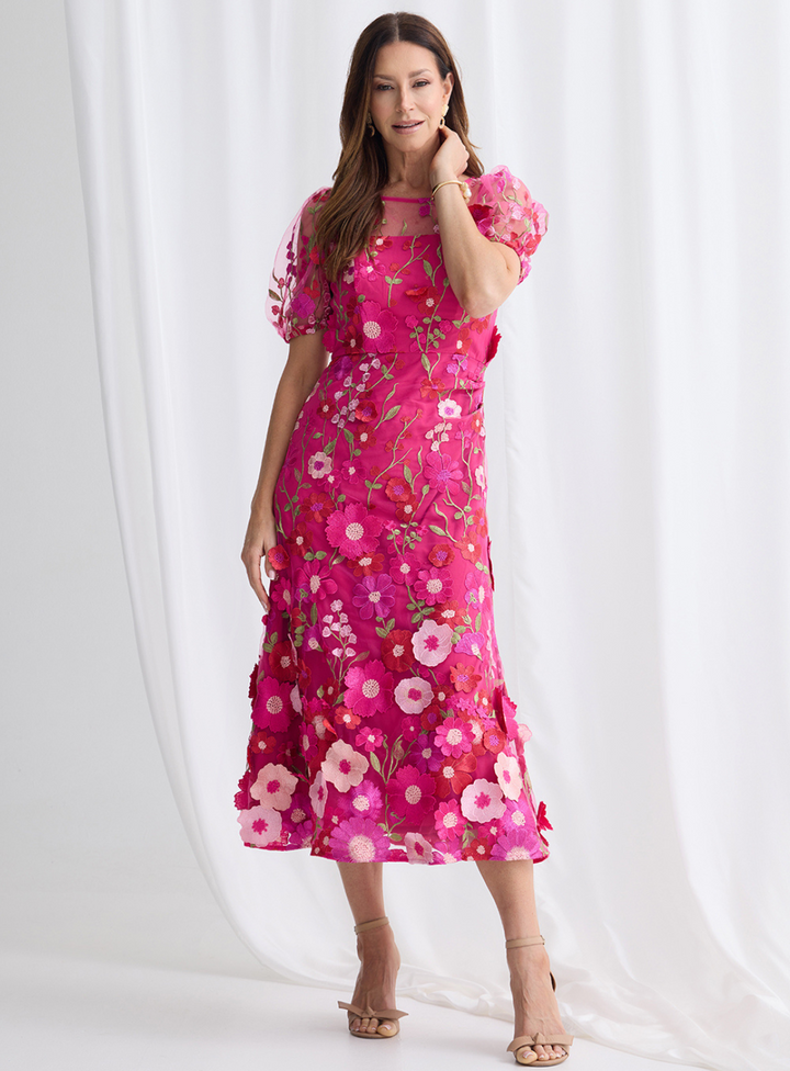 Trellis Lane Lizzie Puff Sleeve Midi Dress TL1183 (Available in Pink, Navy and Pale Blue)