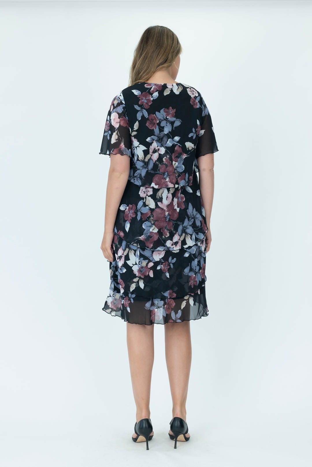 Vivid Layered Chiffon dress in Black and Floral V2735A.1