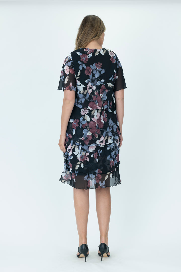 Vivid Layered Chiffon dress in Black and Floral V2735A.1