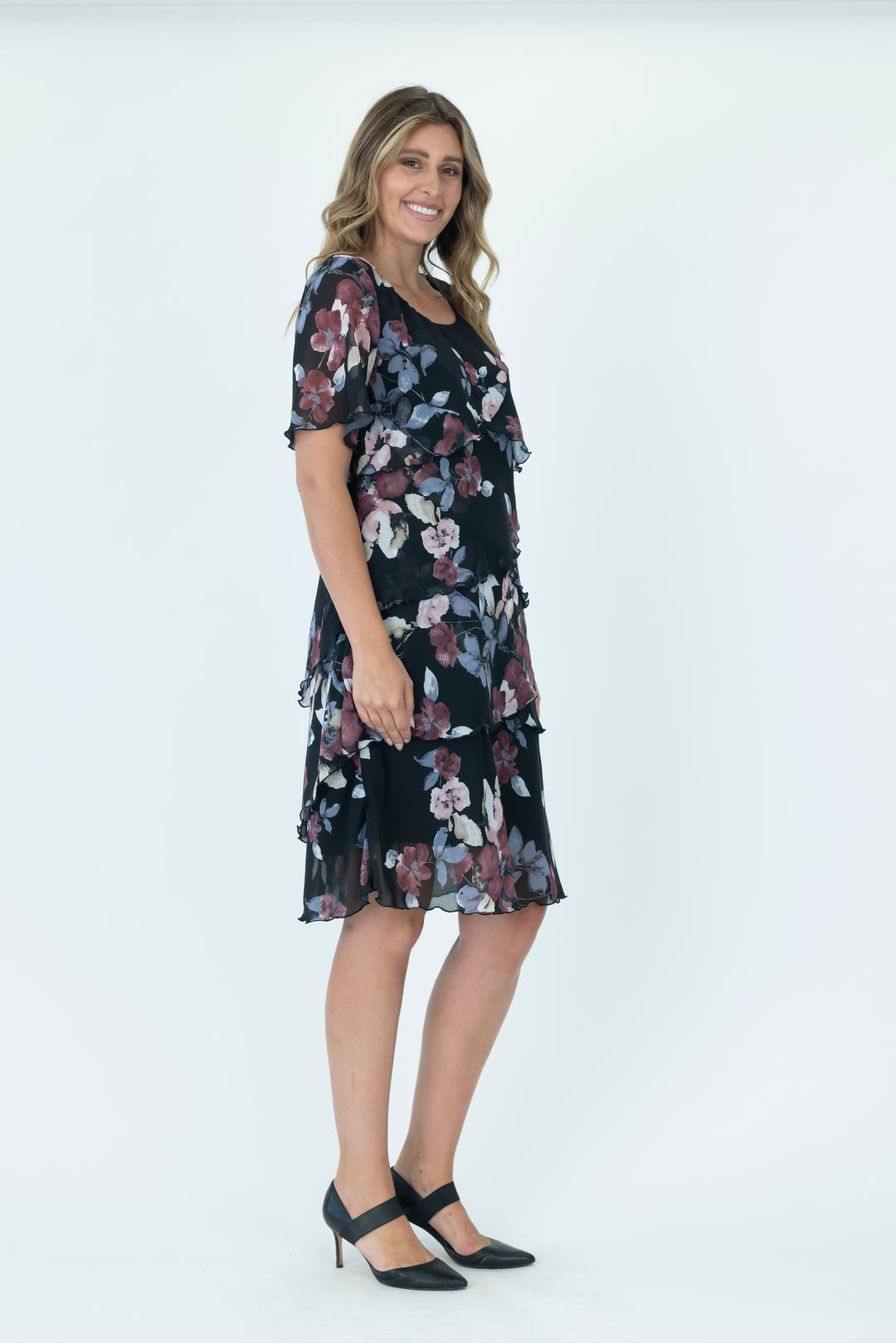 Vivid Layered Chiffon dress in Black and Floral V2735A.1