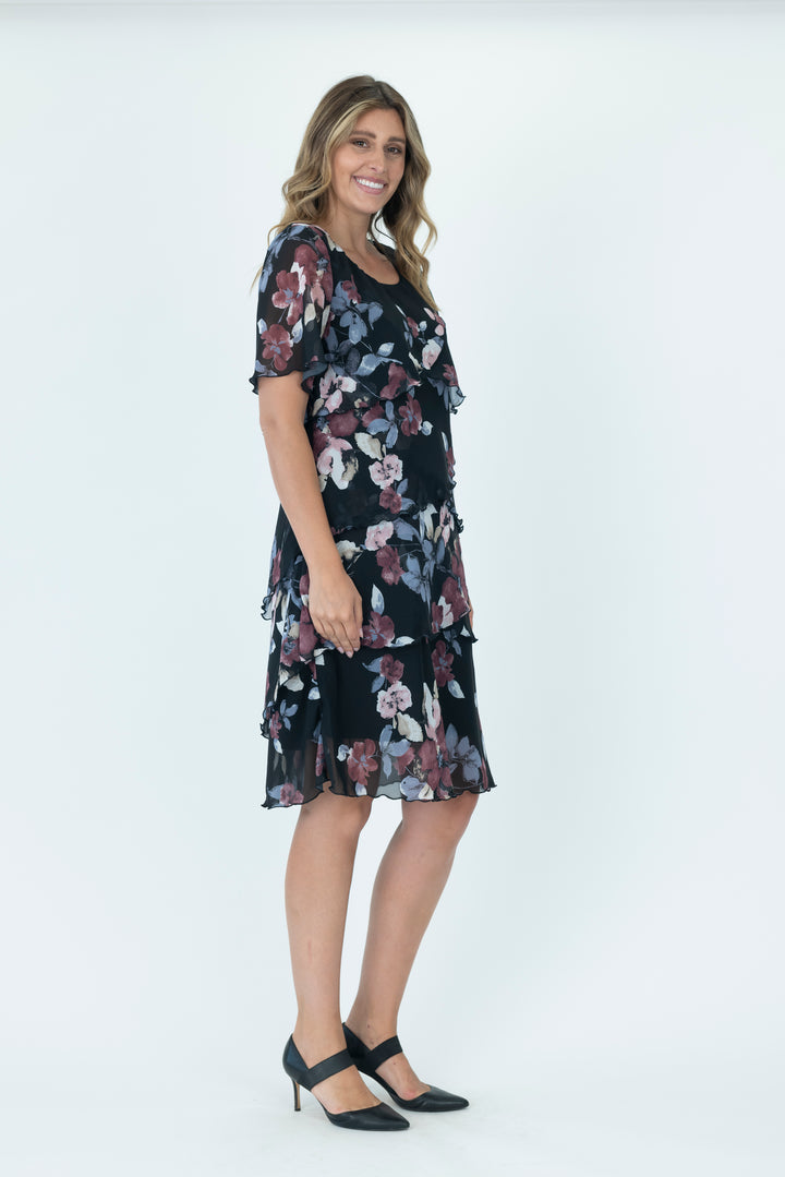 Vivid Layered Chiffon dress in Black and Floral V2735A.1