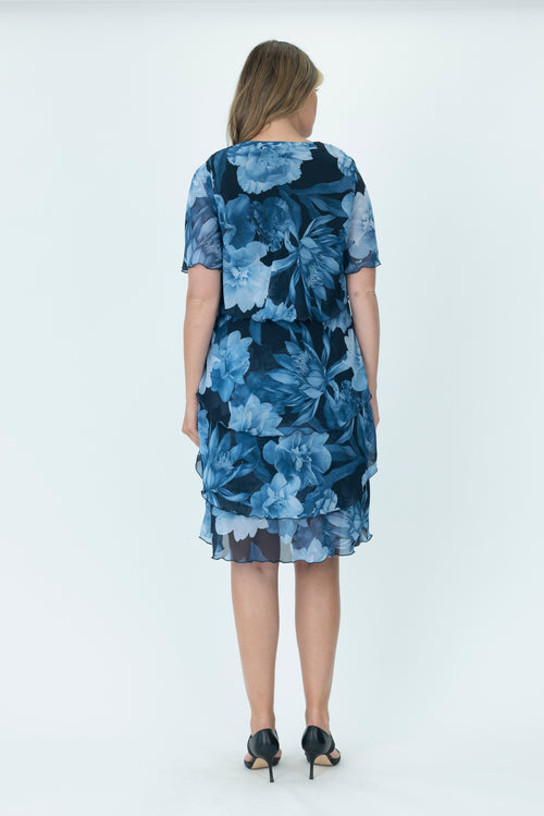 Vivid Layered Chiffon dress in Navy and Light Blue Floral V2735A.2
