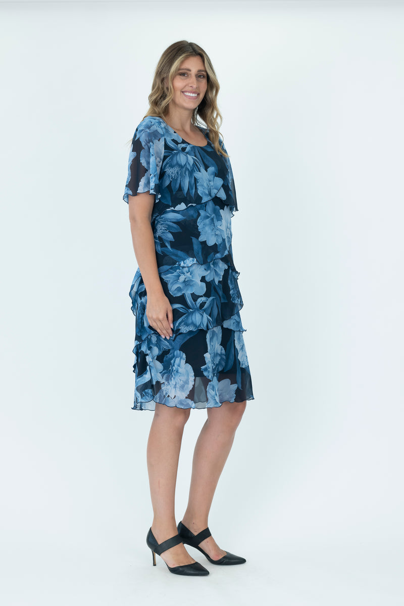 Vivid Layered Chiffon dress in Navy and Light Blue Floral V2735A.2