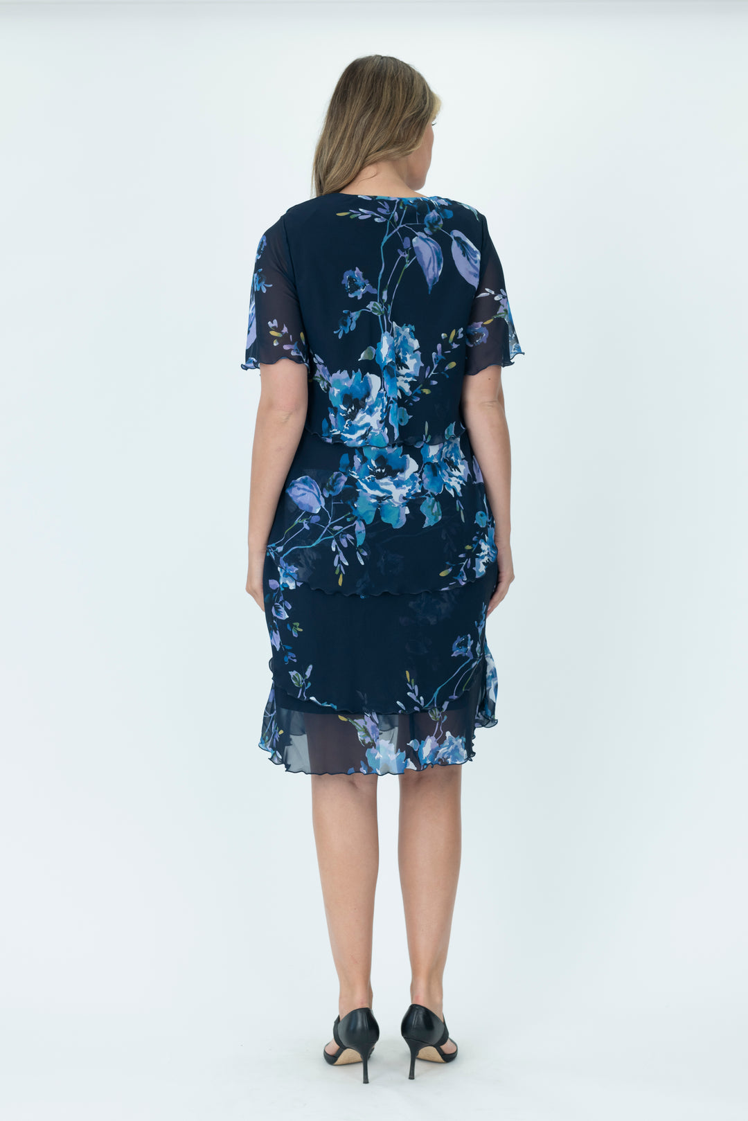 Vivid Layered Chiffon dress in Navy and Lilac Floral V2735A.3