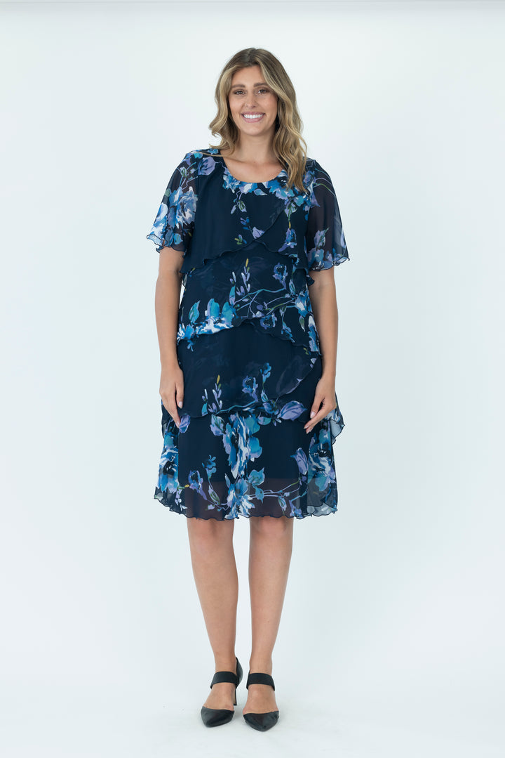 Vivid Layered Chiffon dress in Navy and Lilac Floral V2735A.3