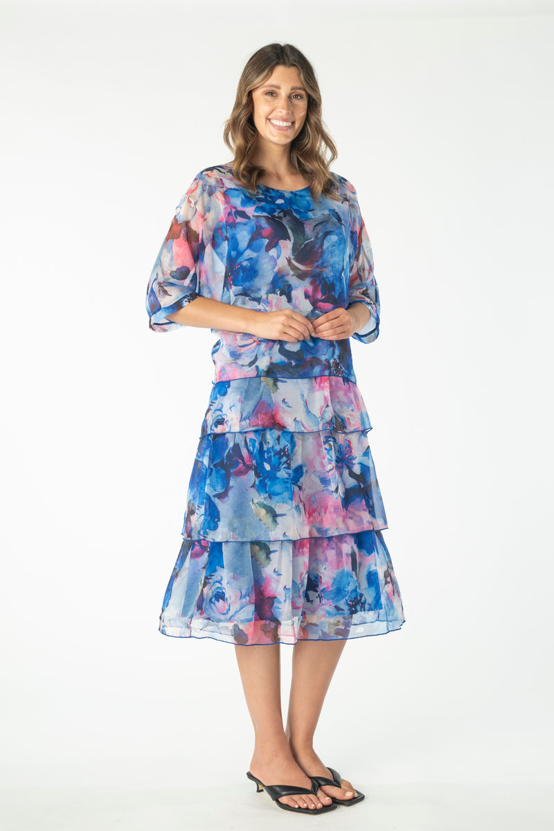 Vivid Layered Skirt Dress in Blue Print