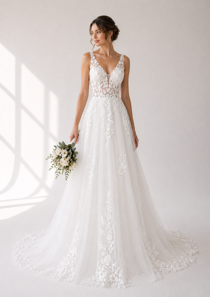 Runway 7 Bridal Susan VS002 - Available in Vintage White Lace Applique and Tulle