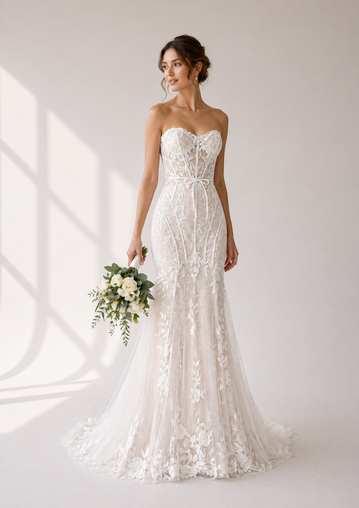 Runway 7 Bridal Abigail VS003 - Available in V. White/Nude or Vintage White in Lace Applique and Tulle