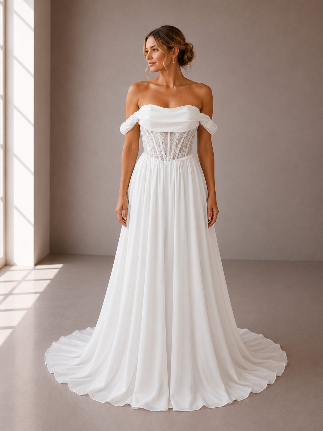 Runway 7 Bridal Katrina VS014- Available in Vintage White in Lace Applique & Tulle