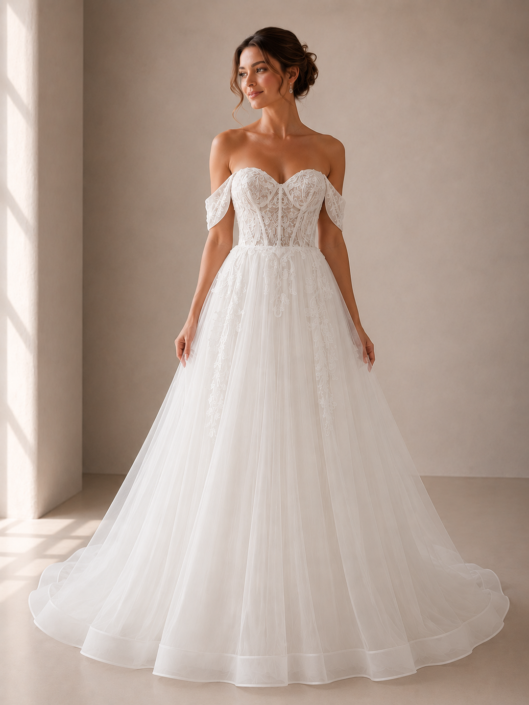 Runway 7 Bridal Charli VS042 - Available in Vintage White in Lace Applique & Tulle