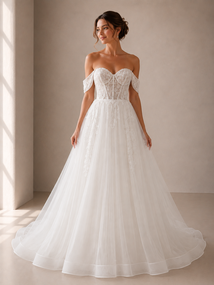 Runway 7 Bridal Charli VS042 - Available in Vintage White in Lace Applique & Tulle