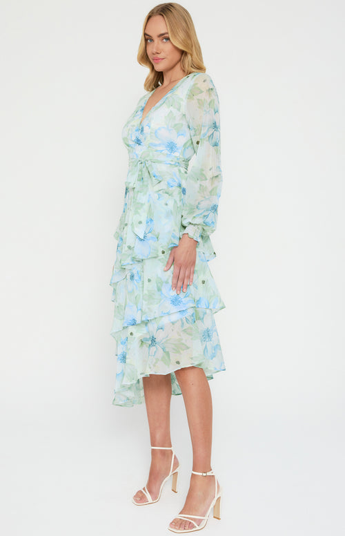 Ajoy Floral Print Midi Dress with Tiered Asymmetrical Hem