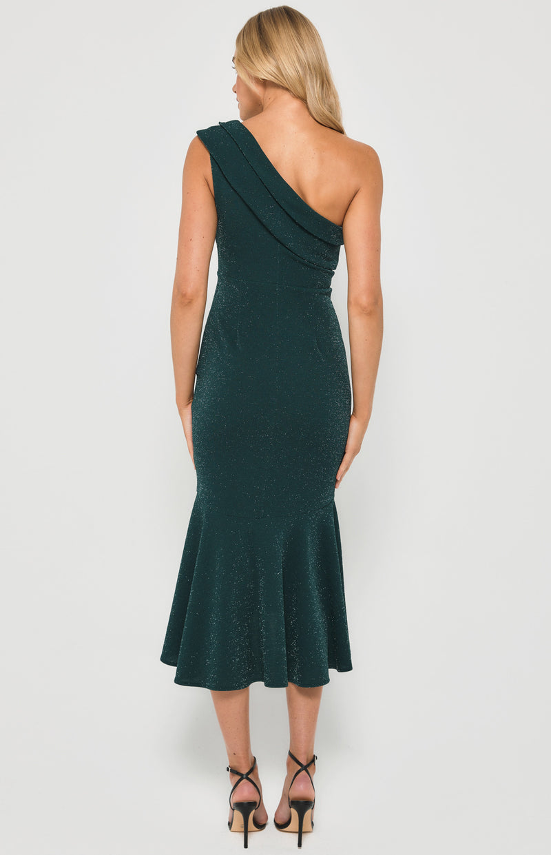 Ajoy Stretch Lurex One Shoulder Fishtail MIdi Dress