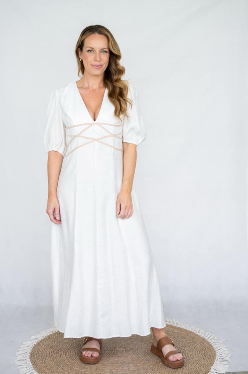 Fria Grecian Tape Midi Dress in Cream