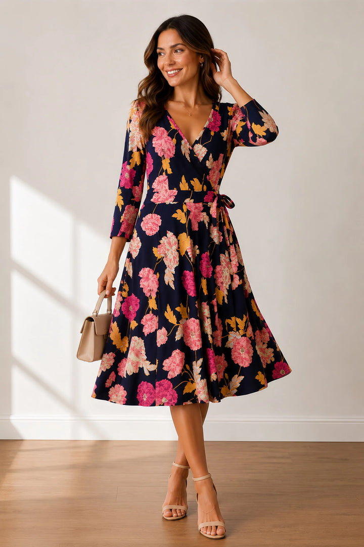 Four Girlz Faux Wrap A Line Dress in Floral