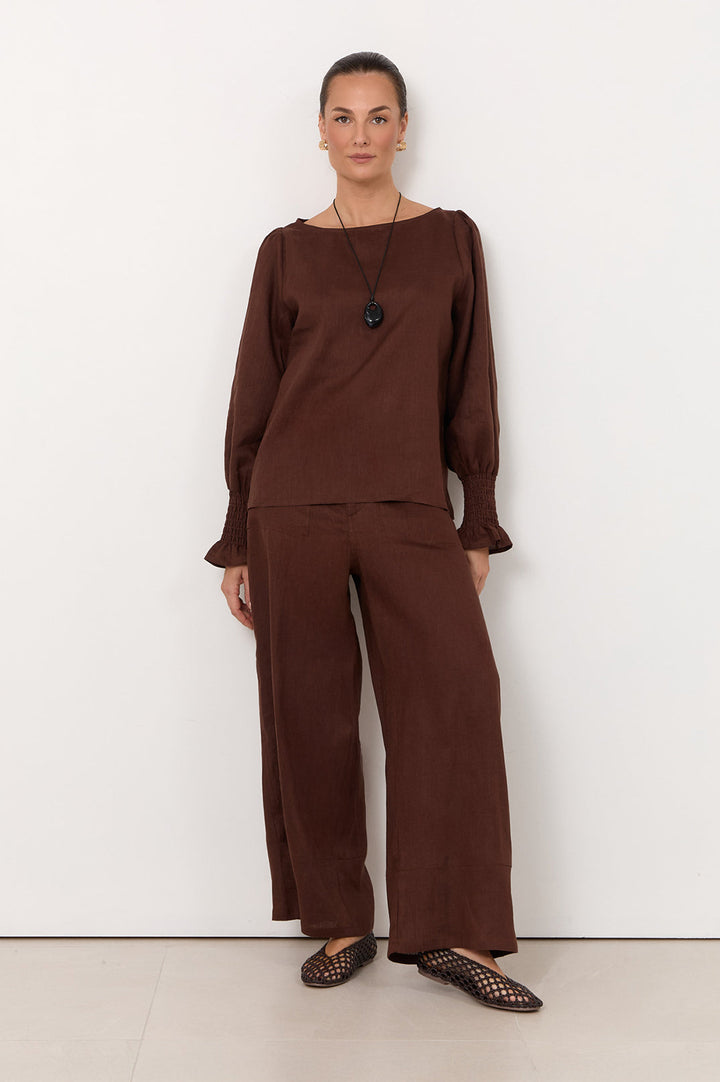 Adorne Gabrielle Linen Pant in Chocolate