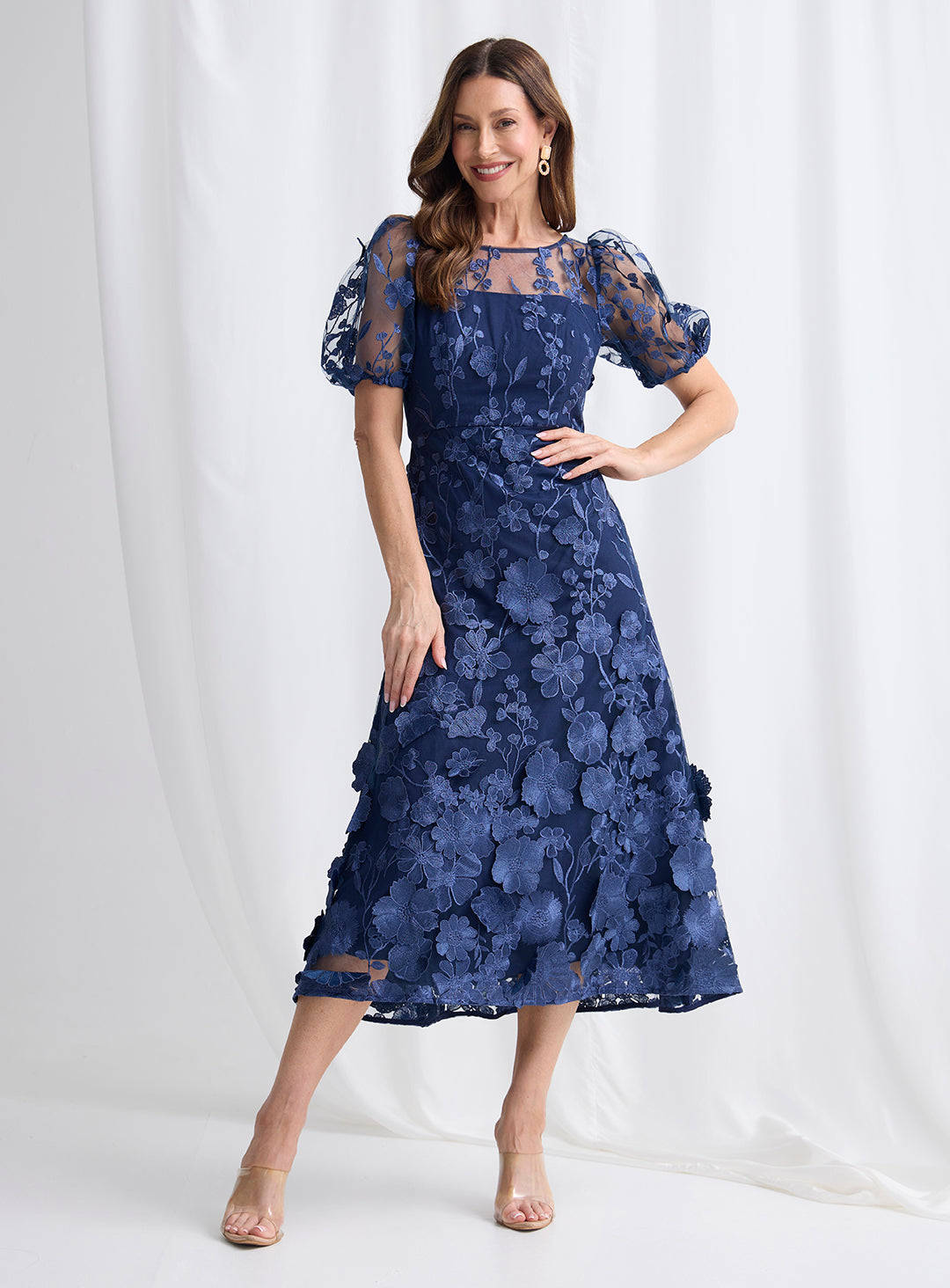 Trellis Lane Lizzie Puff Sleeve Midi Dress TL1183 (Available in Pink, Navy and Pale Blue)
