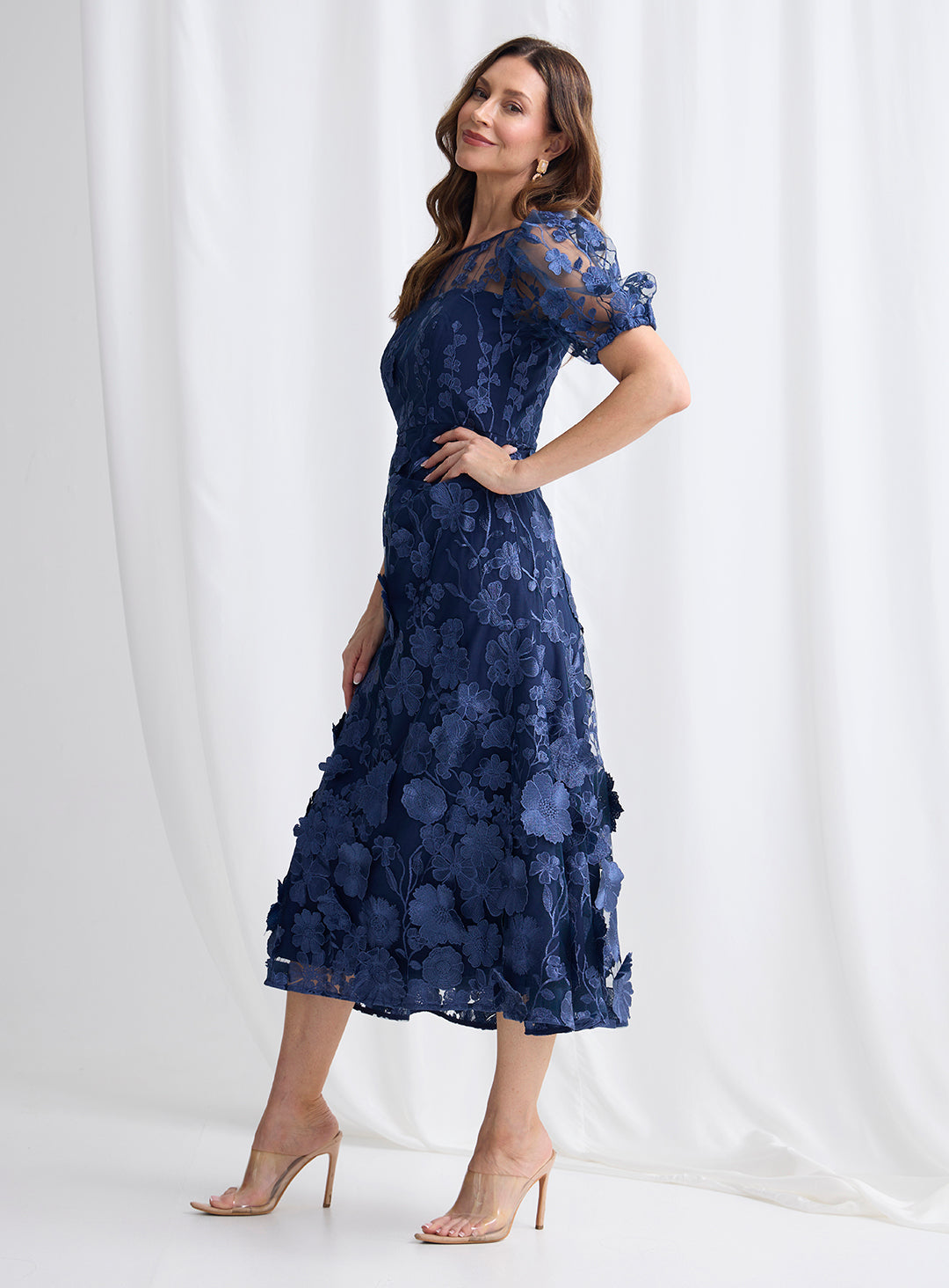 Trellis Lane Lizzie Puff Sleeve Midi Dress TL1183 (Available in Pink, Navy and Pale Blue)