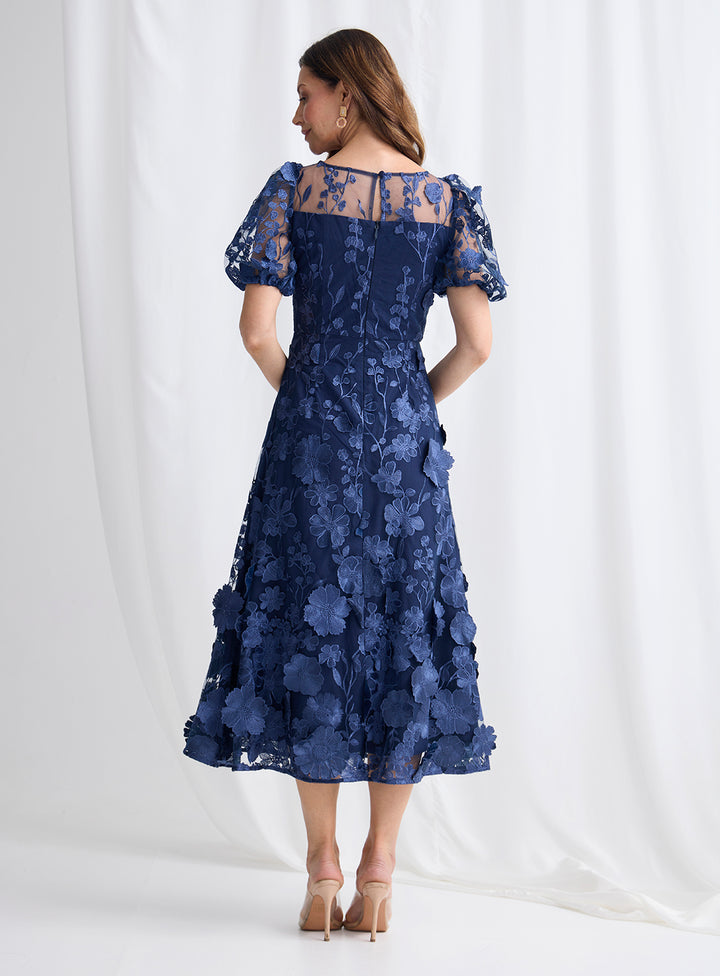 Trellis Lane Lizzie Puff Sleeve Midi Dress TL1183 (Available in Pink, Navy and Pale Blue)