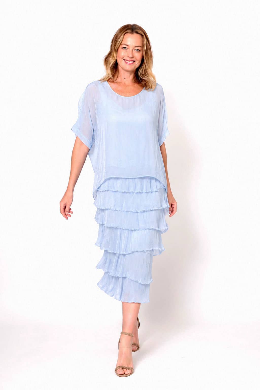 La Strada Multi-Layer Silk Dress in Celeste Blue