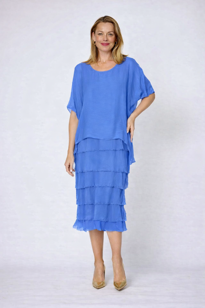 La Strada Multi-Layer Silk Dress in Cornflower Blue- small makeup mark on neckline