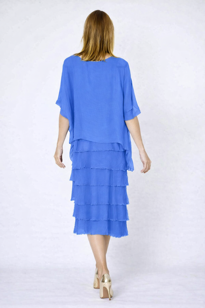 La Strada Multi-Layer Silk Dress in Cornflower Blue- small makeup mark on neckline