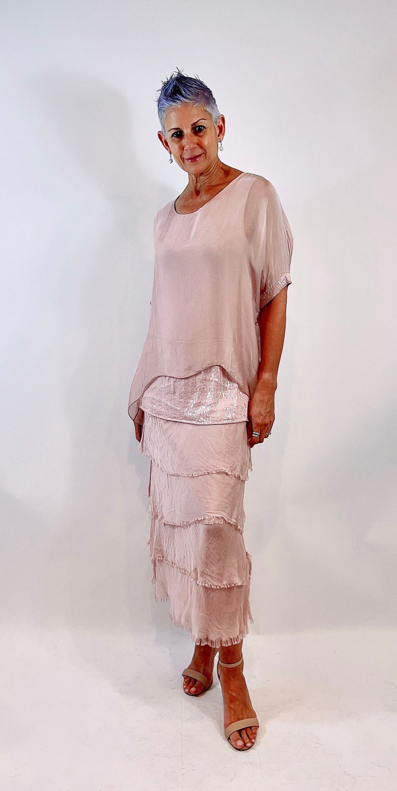 La Strada Flapper Skirt Dress with Sequin Trim In Blush Pink