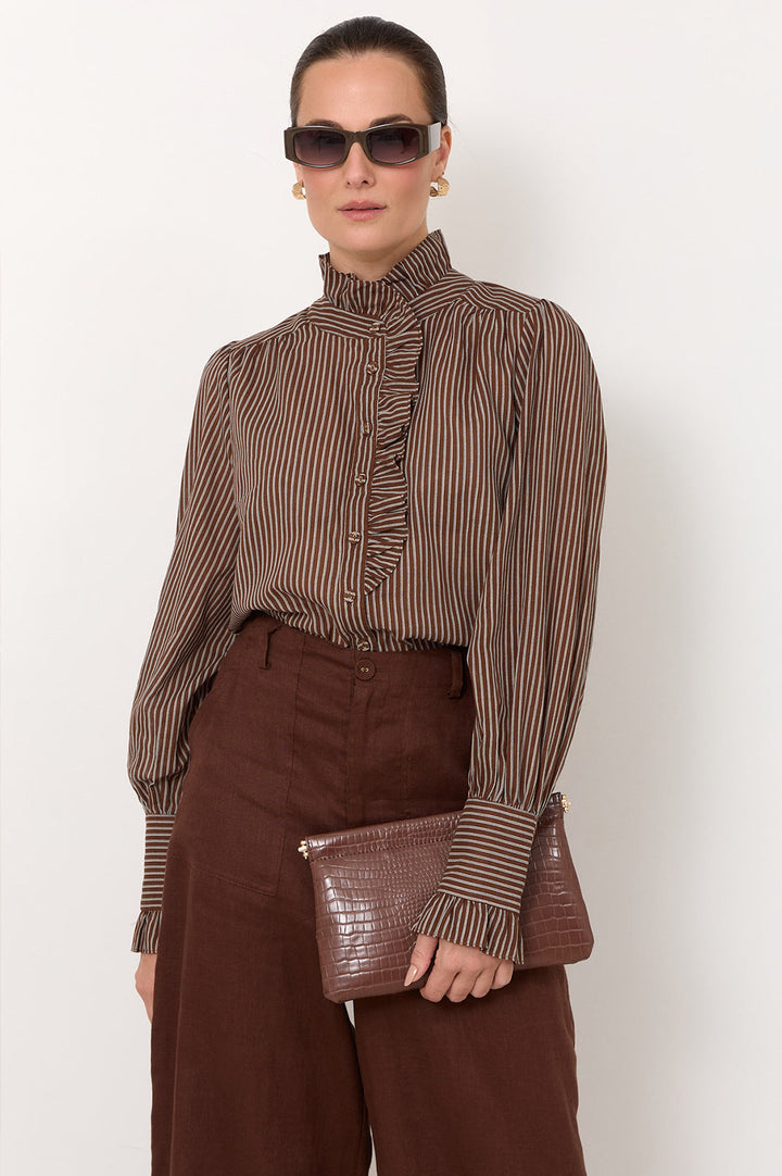 Adorne Maeve Stripe Shirt in Chocolate