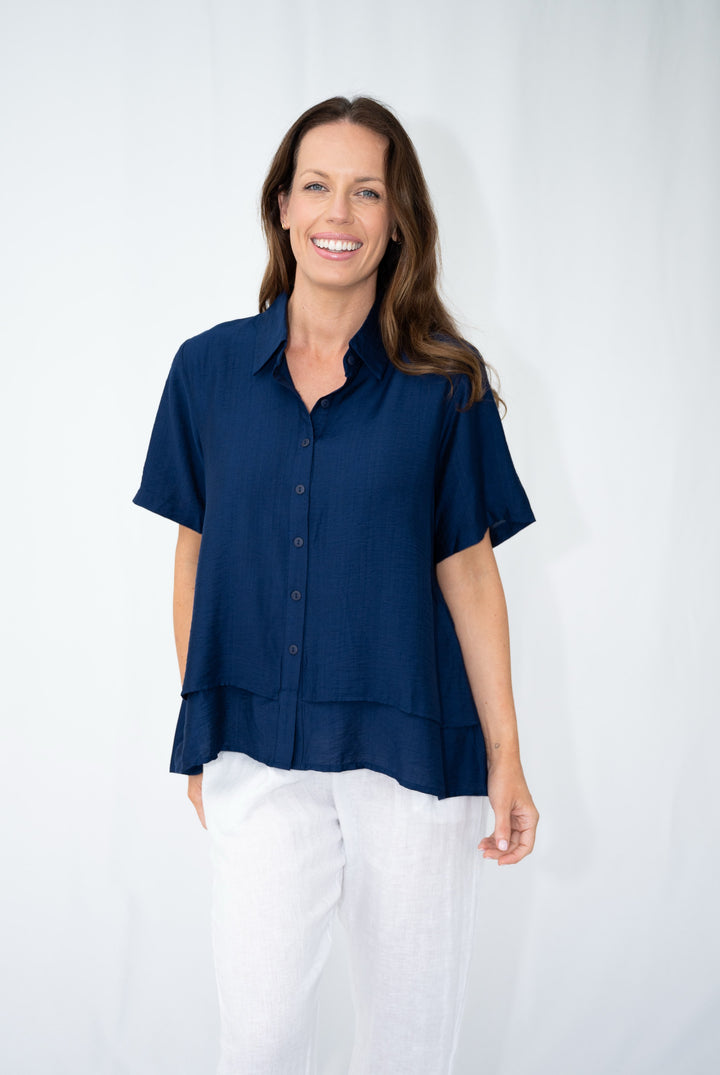 Willow Tree Linen Blend Blouse Navy