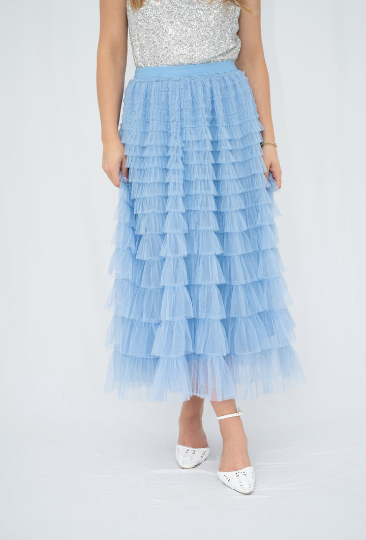 Fria Ruffle Mesh Party Skirt in Blue
