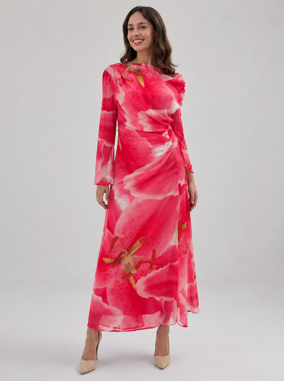 Lorraine Floral Midi Dress in Pink and Red